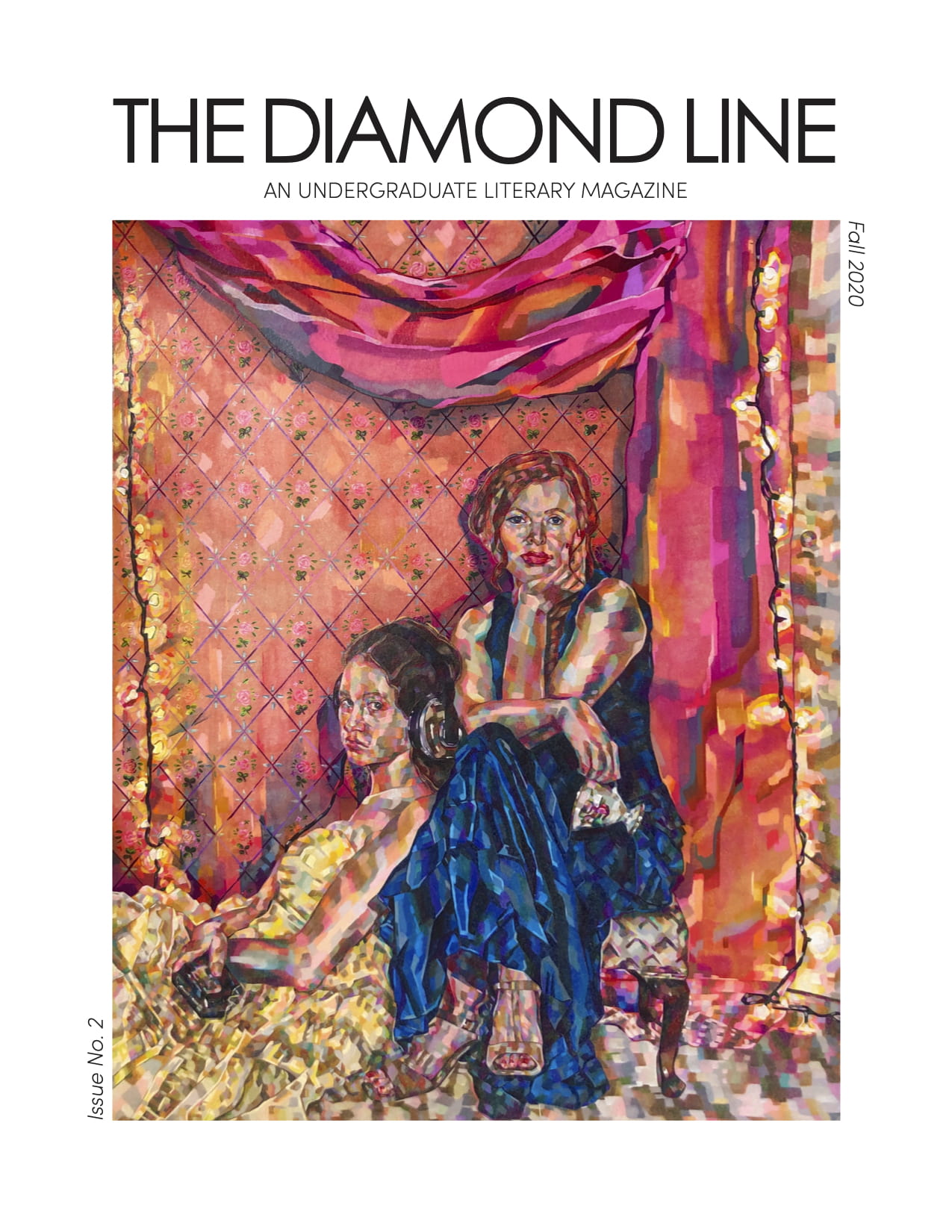 The Diamond Line Cover, two women lounging in prom dresses, pouting in front of a homemade backdrop, stylized. Fall 2020.